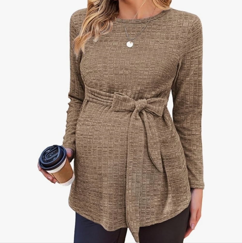 Women’s Ribbed Tie-Waist Tunic Top — Brown